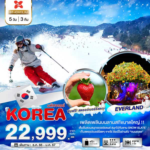 ทัวร์เกาหลี ไร่สตรอว์เบอร์รี่ เอเวอร์แลนด์ ลานสกี ช็อปปิ้งเมียงดง 5 วัน 3 คืน